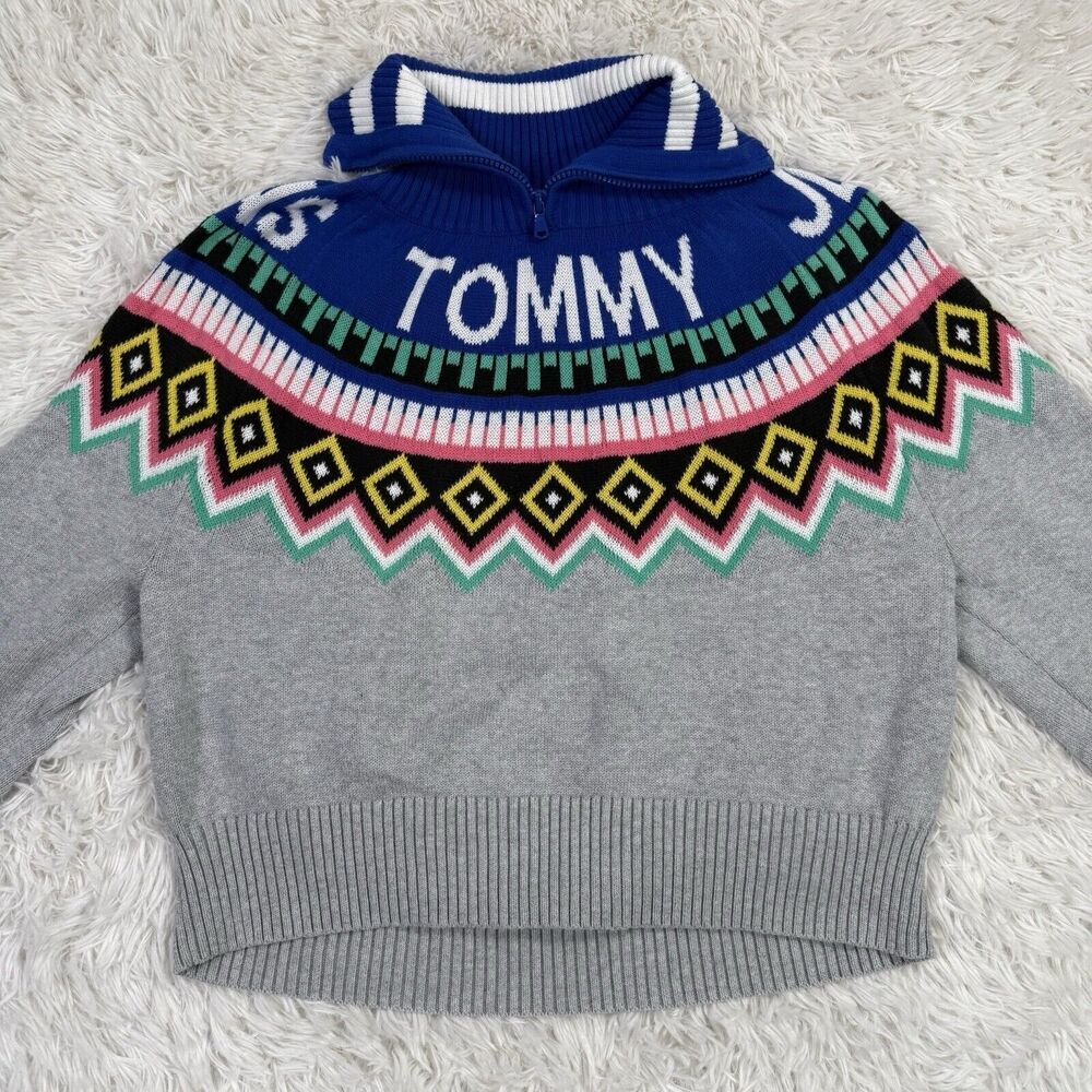 Tommy Hilfiger Sweater‎ Logo Geometric Blue Pink Aztec Zip Collared Turtleneck L